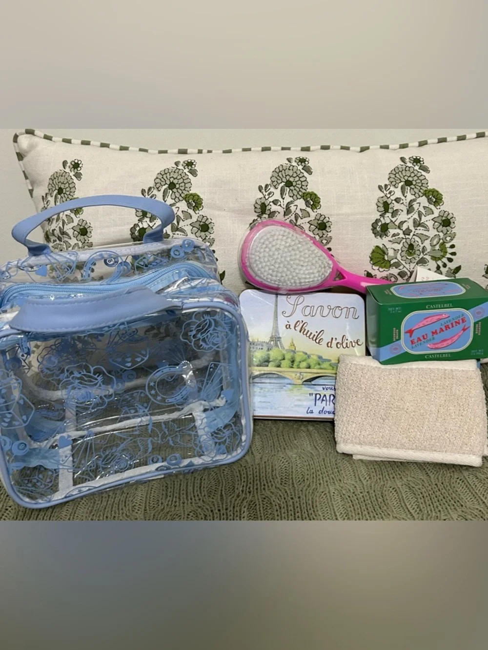 Wellness Bath Bundle: Blue/Clear Vinyl Toiletry Bag, Imported Soaps & Bath Brush